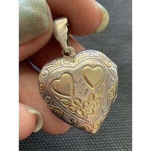 vintage 925 Sterling Silver heart locket pendant Two Tone Floral Engraved Estate